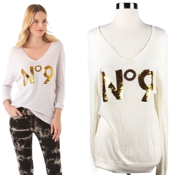 WILDFOX White Label White Sweater Gold Sequins No. 9 V-Neck Angora Oversized XS - Picture 1 of 8